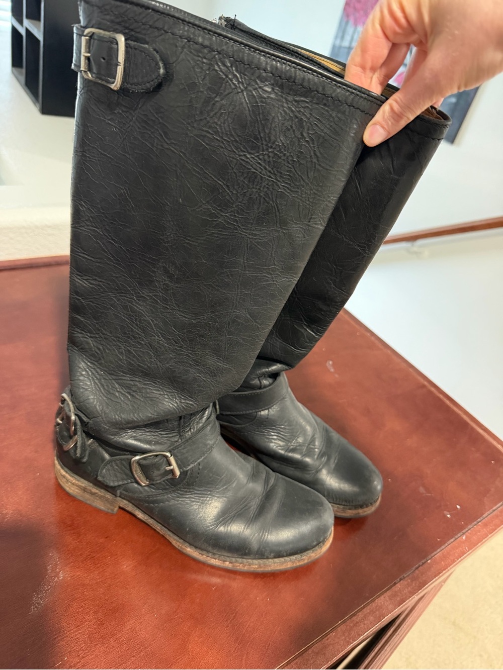 Tall Frye Black Buckle Leather Boots